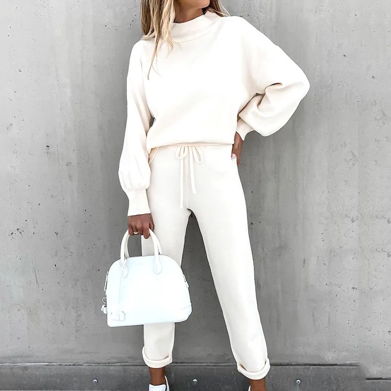 Autumn and Winter Women's Sweater High Collar Casual Pure Color Trousers Two-piece Set - Image 2